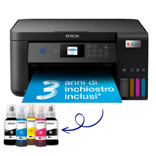 Epson EcoTank ET-2850 stampante multifunzione inkjet 3-in-1 A4, serbatoi ricaricabili alta capacita’, 5 flaconi inclusi pari a 14000pag B/N 5200pag colore, Wi-FI Direct, USB, Ad inchiostro, Stampa a colori, 5760 x 1440 DPI, Copia a colori, A4, Nero
