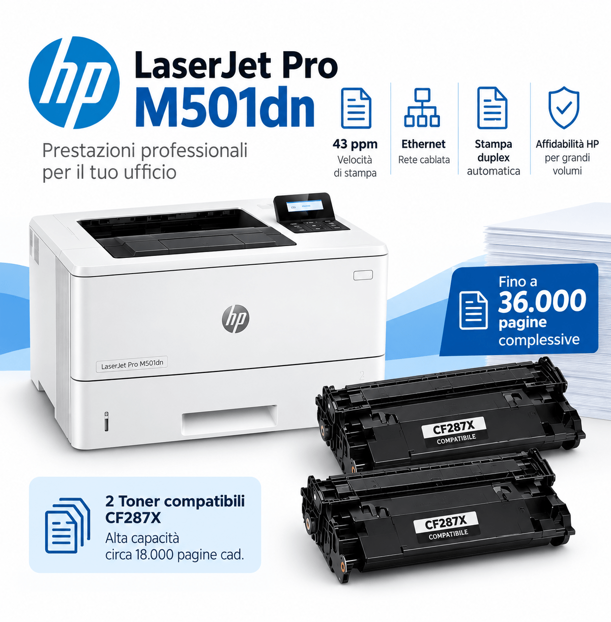 HP LaserJet Pro M501dn + 2 toner compatibili CF287X